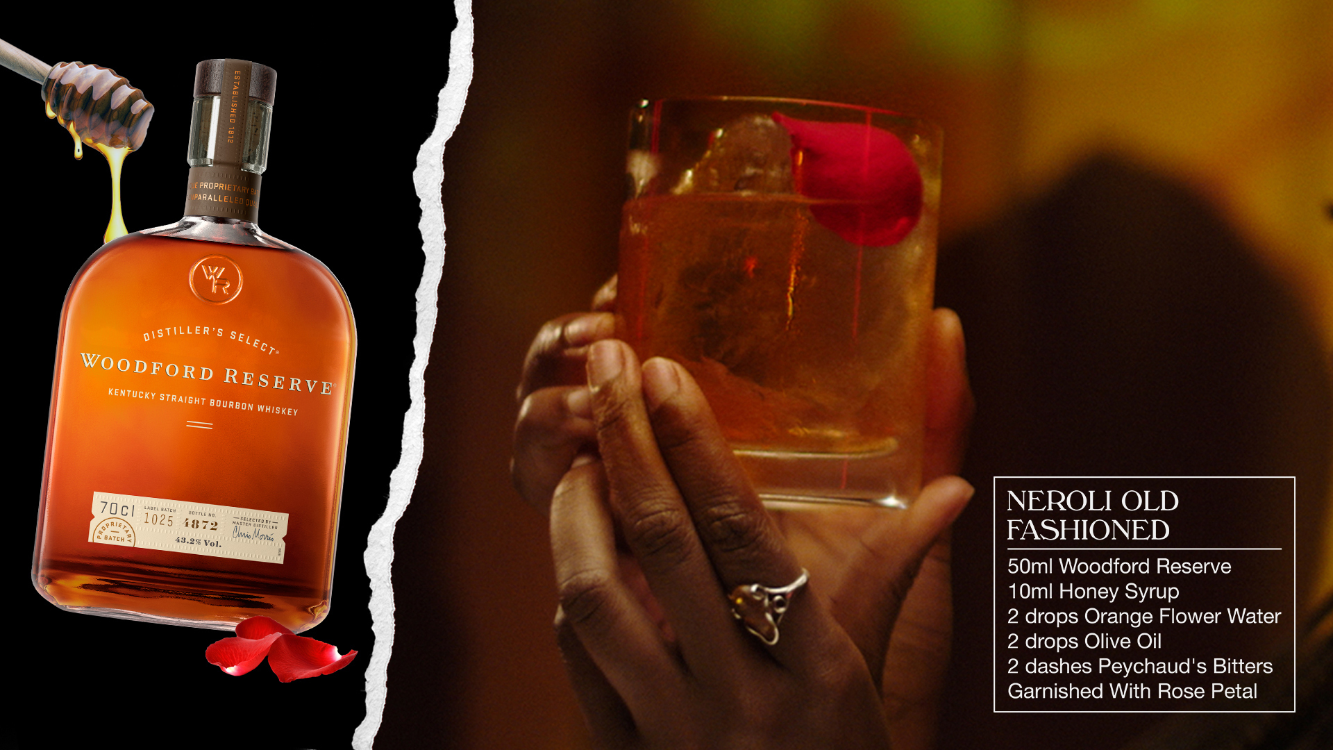 Woodford Reserve campaign assets: A bottle of whiskey and a cocktail.