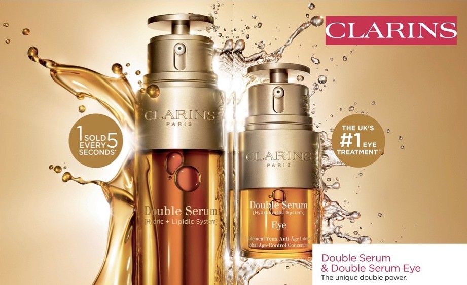 Clarins ad campaign image featuring bottle